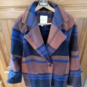 Avec Les Filles Navy Blue and Brown / Orange Plaid Wool Trench Coat